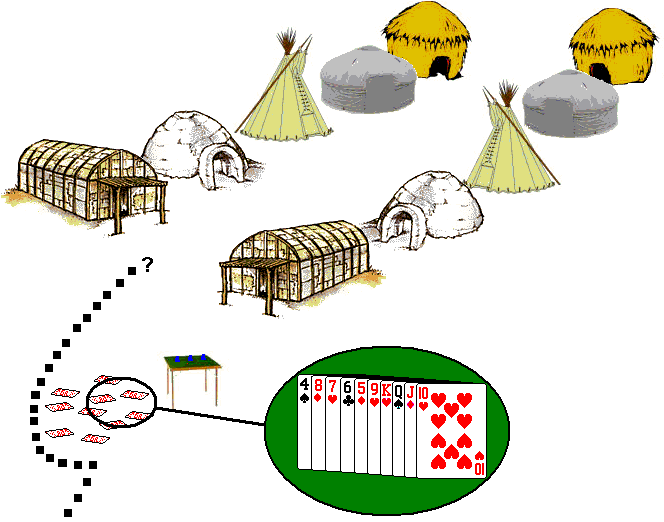 Paired rows of buildings and some cards.